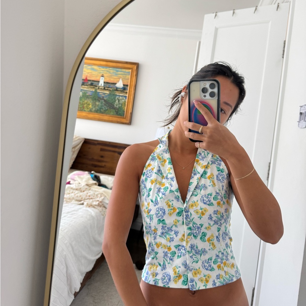 Frankie's Bikinis White Floral Halter Crop Top in Yellow & Blue